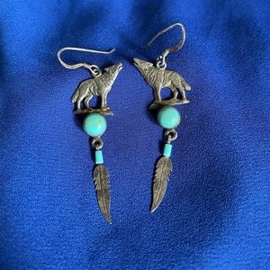 VTG Sterling Silver 925 Wolf & Turquoise Earrings